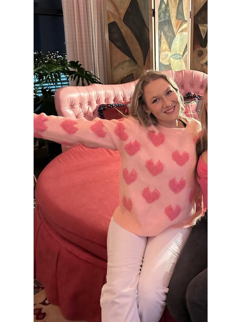 Women's Pink Heart Pattern Crewneck Sweater
